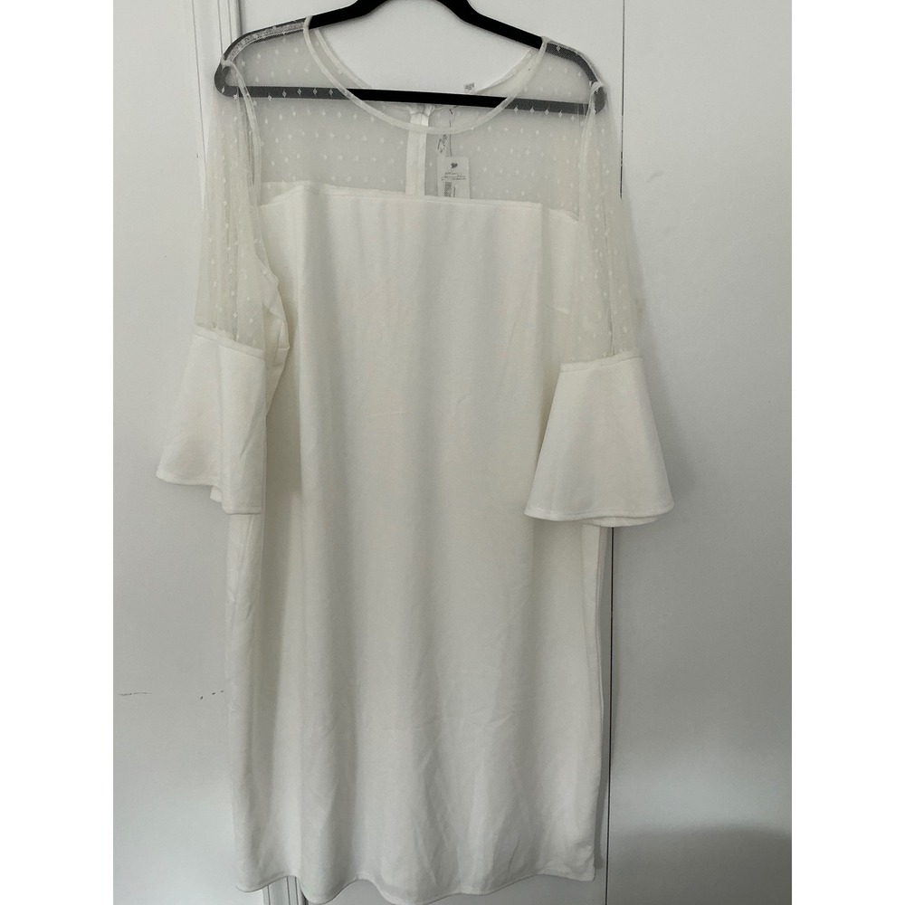 NY Collection Woman White Swiss Dot Mesh Bell Sleeve Shift‎ Dress M785838 3X